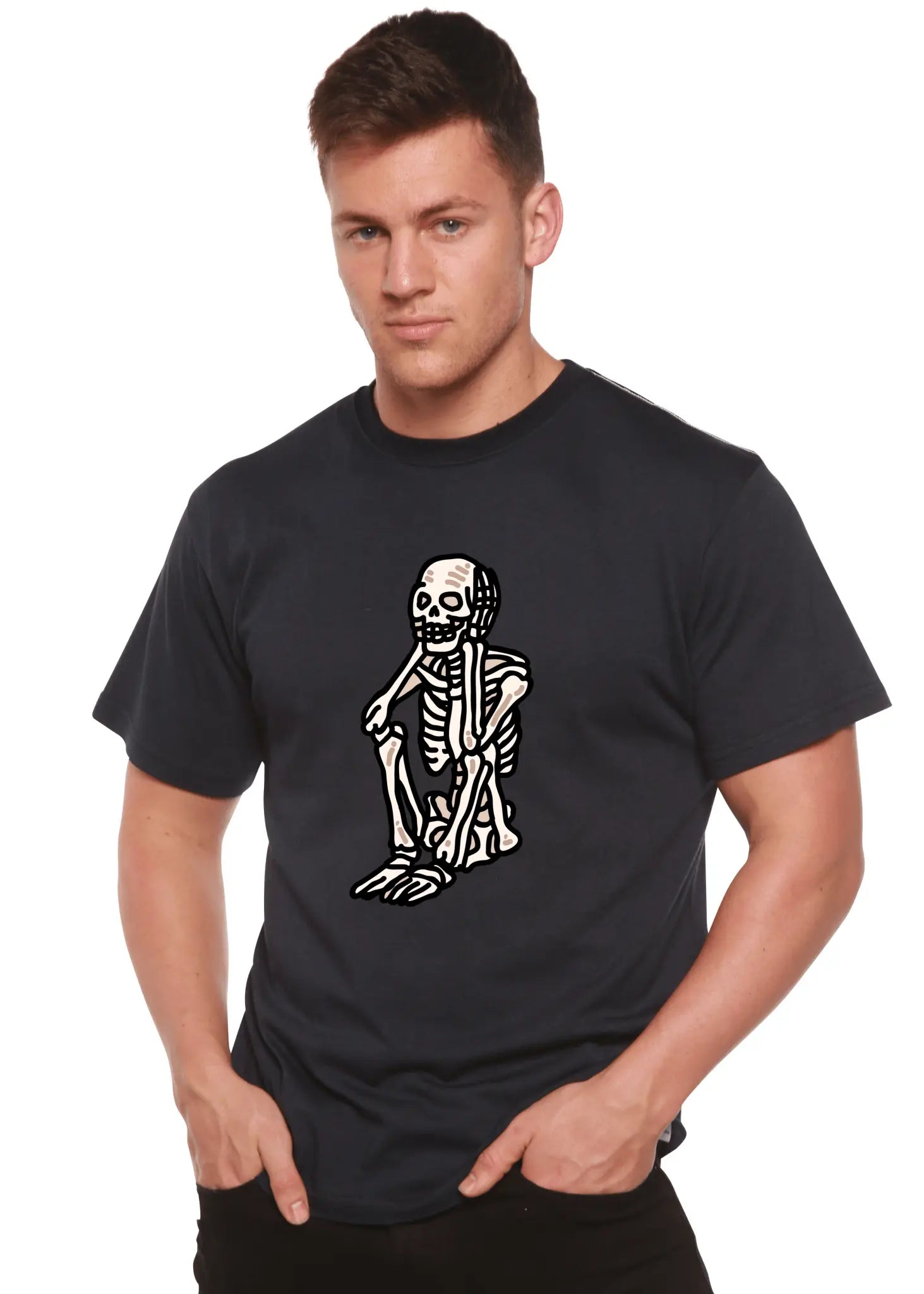 Sad Skeleton Halloween Unisex Bamboo Viscose/Organic Cotton Short Sleeve Graphic T-Shirt - Blade & Thread