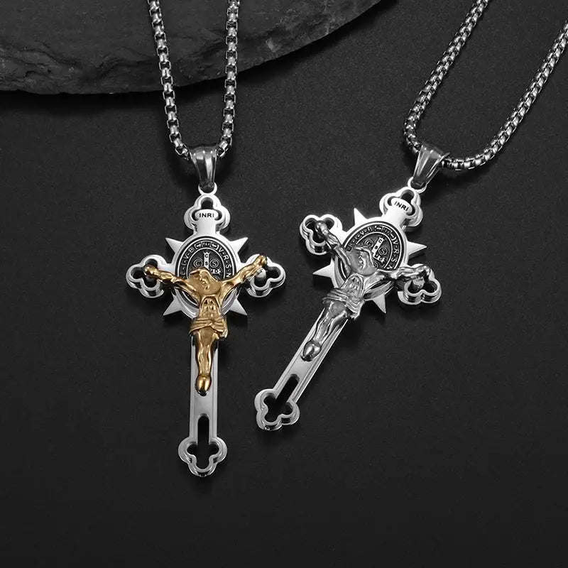 Saint St. Benedict Jesus Cross Pendant Necklace Christian Catholic Amulet - Blade & Thread