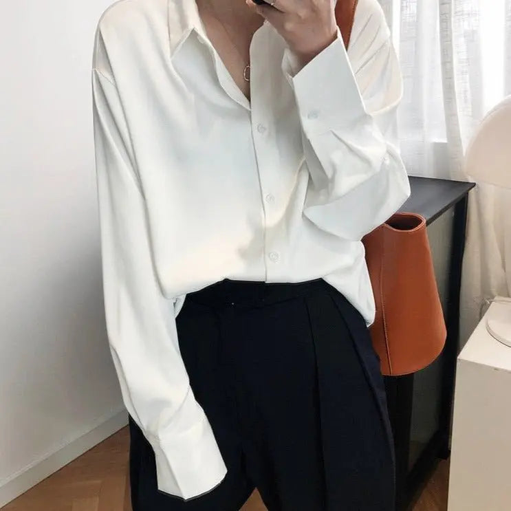 Satin Shirts Long Sleeve Turn Down Collar Elegant Office Ladies Workwear - Blade & Thread