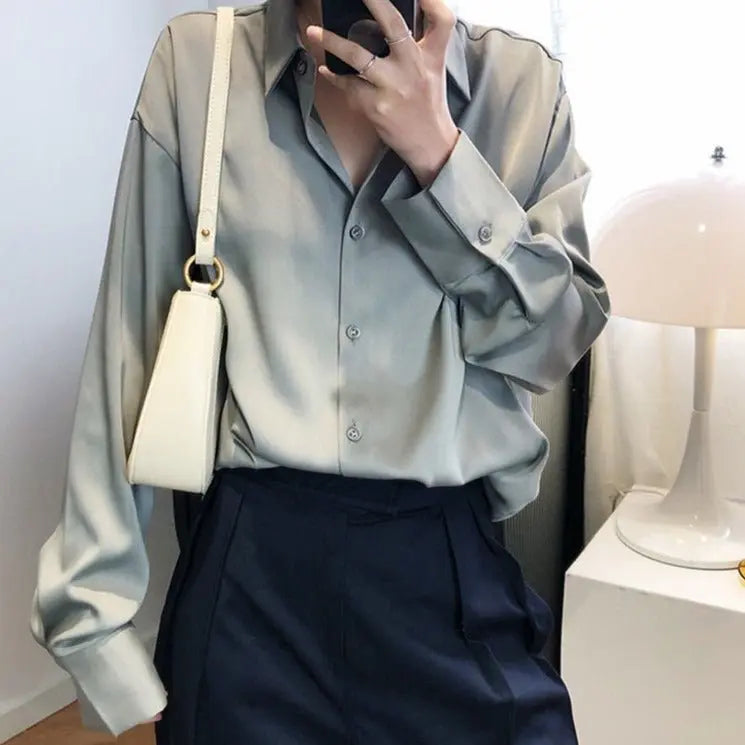 Satin Shirts Long Sleeve Turn Down Collar Elegant Office Ladies Workwear - Blade & Thread