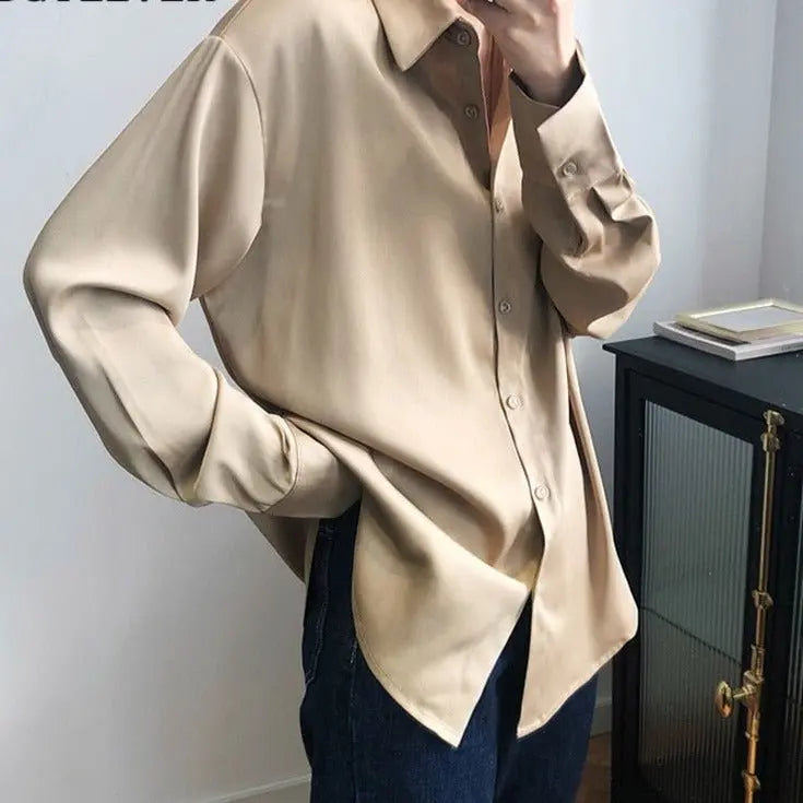 Satin Shirts Long Sleeve Turn Down Collar Elegant Office Ladies Workwear - Blade & Thread