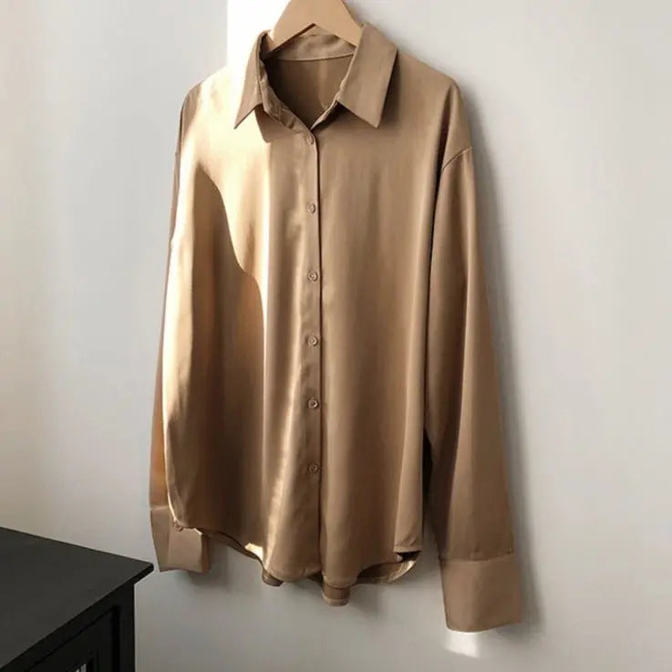Satin Shirts Long Sleeve Turn Down Collar Elegant Office Ladies Workwear - Blade & Thread