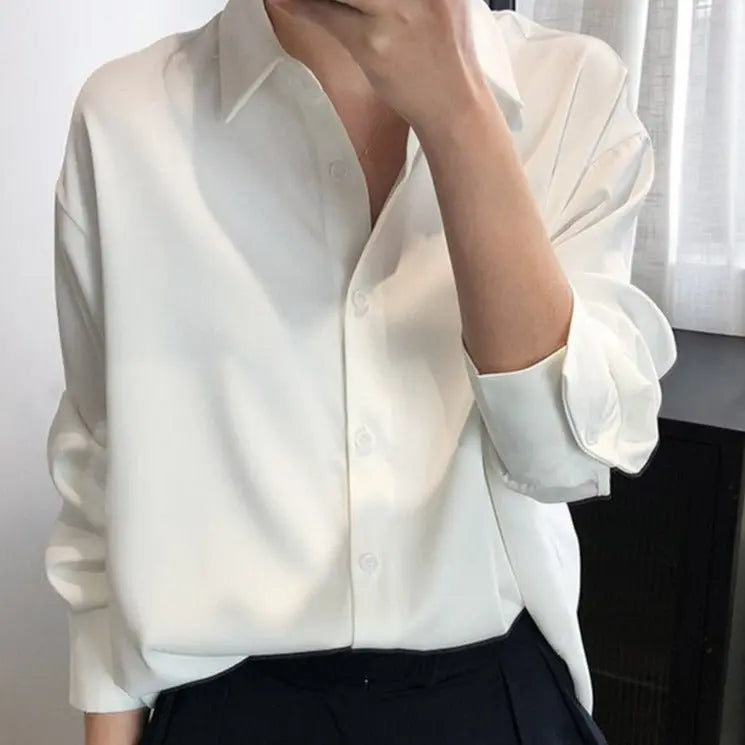 Satin Shirts Long Sleeve Turn Down Collar Elegant Office Ladies Workwear - Blade & Thread