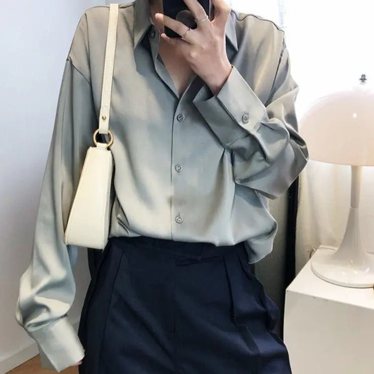 Satin Shirts Long Sleeve Turn Down Collar Elegant Office Ladies Workwear - Blade & Thread