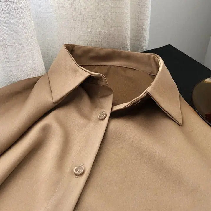 Satin Shirts Long Sleeve Turn Down Collar Elegant Office Ladies Workwear - Blade & Thread