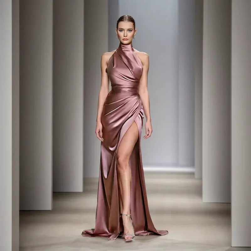 Satin Sleeveless Backless Halter Side Slit Sexy Elegant Maxi Dress - Blade & Thread