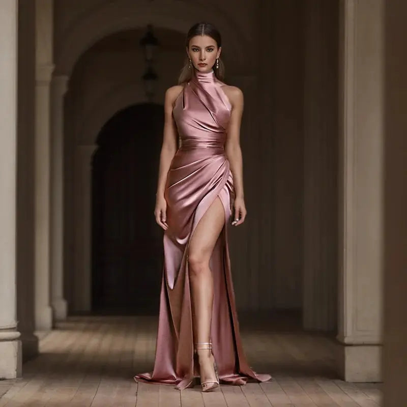 Satin Sleeveless Backless Halter Side Slit Sexy Elegant Maxi Dress - Blade & Thread