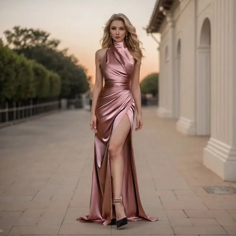 Satin Sleeveless Backless Halter Side Slit Sexy Elegant Maxi Dress - Blade & Thread