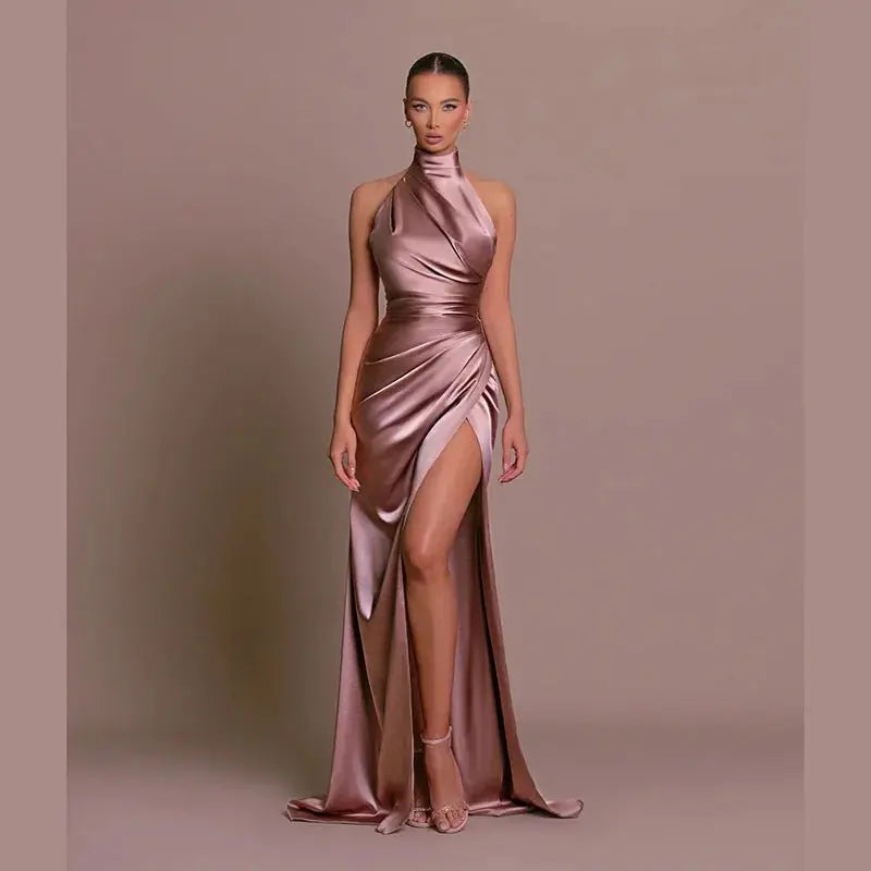 Satin Sleeveless Backless Halter Side Slit Sexy Elegant Maxi Dress - Blade & Thread