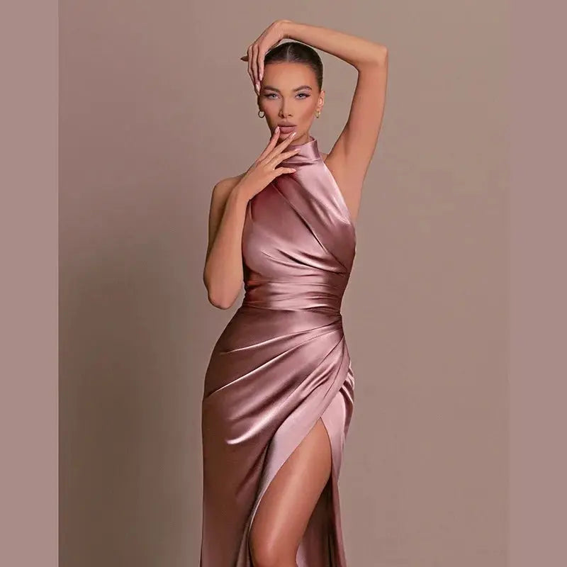 Satin Sleeveless Backless Halter Side Slit Sexy Elegant Maxi Dress - Blade & Thread