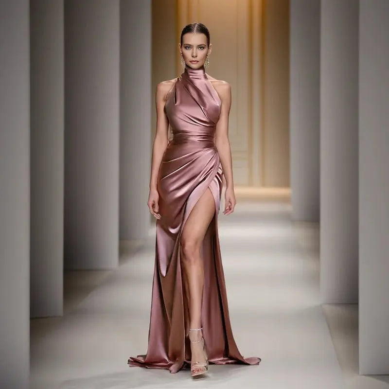 Satin Sleeveless Backless Halter Side Slit Sexy Elegant Maxi Dress - Blade & Thread