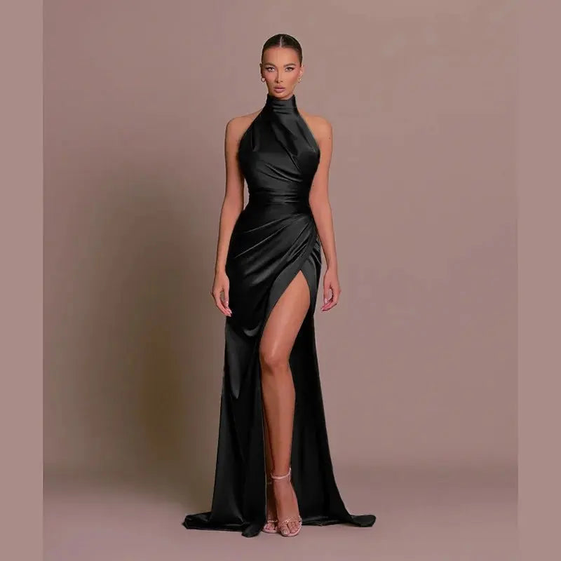 Satin Sleeveless Backless Halter Side Slit Sexy Elegant Maxi Dress - Blade & Thread