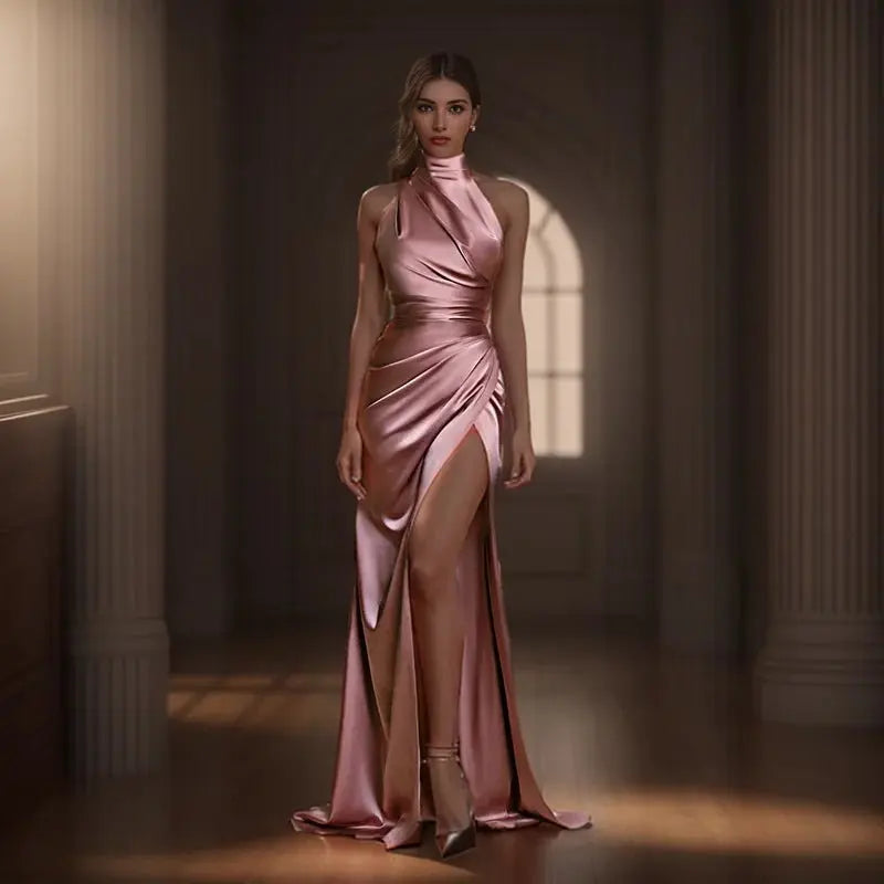 Satin Sleeveless Backless Halter Side Slit Sexy Elegant Maxi Dress - Blade & Thread