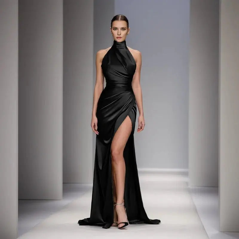 Satin Sleeveless Backless Halter Side Slit Sexy Elegant Maxi Dress - Blade & Thread
