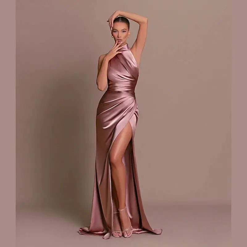 Satin Sleeveless Backless Halter Side Slit Sexy Elegant Maxi Dress - Blade & Thread