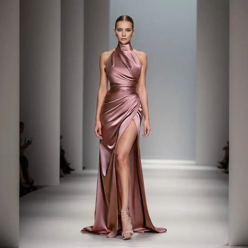 Satin Sleeveless Backless Halter Side Slit Sexy Elegant Maxi Dress - Blade & Thread
