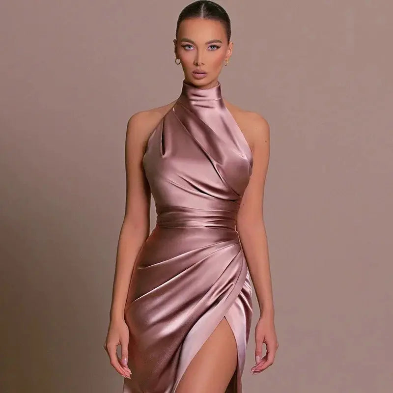 Satin Sleeveless Backless Halter Side Slit Sexy Elegant Maxi Dress - Blade & Thread