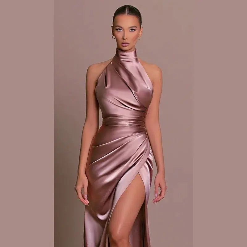 Satin Sleeveless Backless Halter Side Slit Sexy Elegant Maxi Dress - Blade & Thread