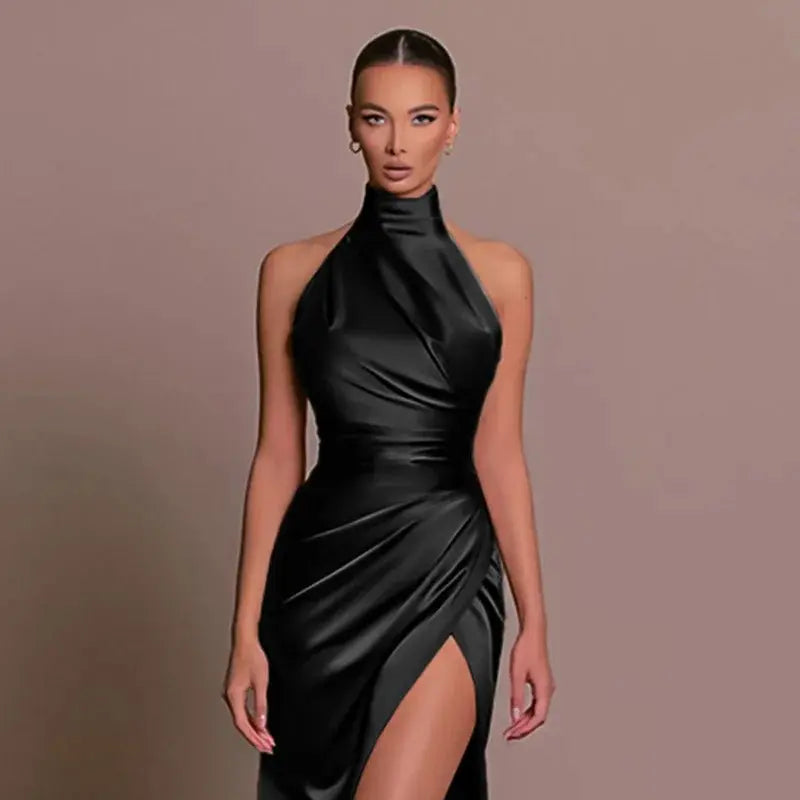 Satin Sleeveless Backless Halter Side Slit Sexy Elegant Maxi Dress - Blade & Thread