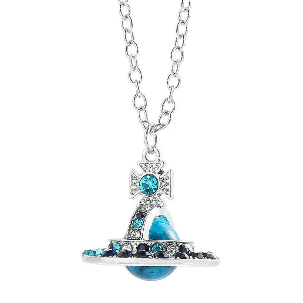 Saturn necklace, teardrop colored diamond earrings, Saturn earrings - Blade & Thread