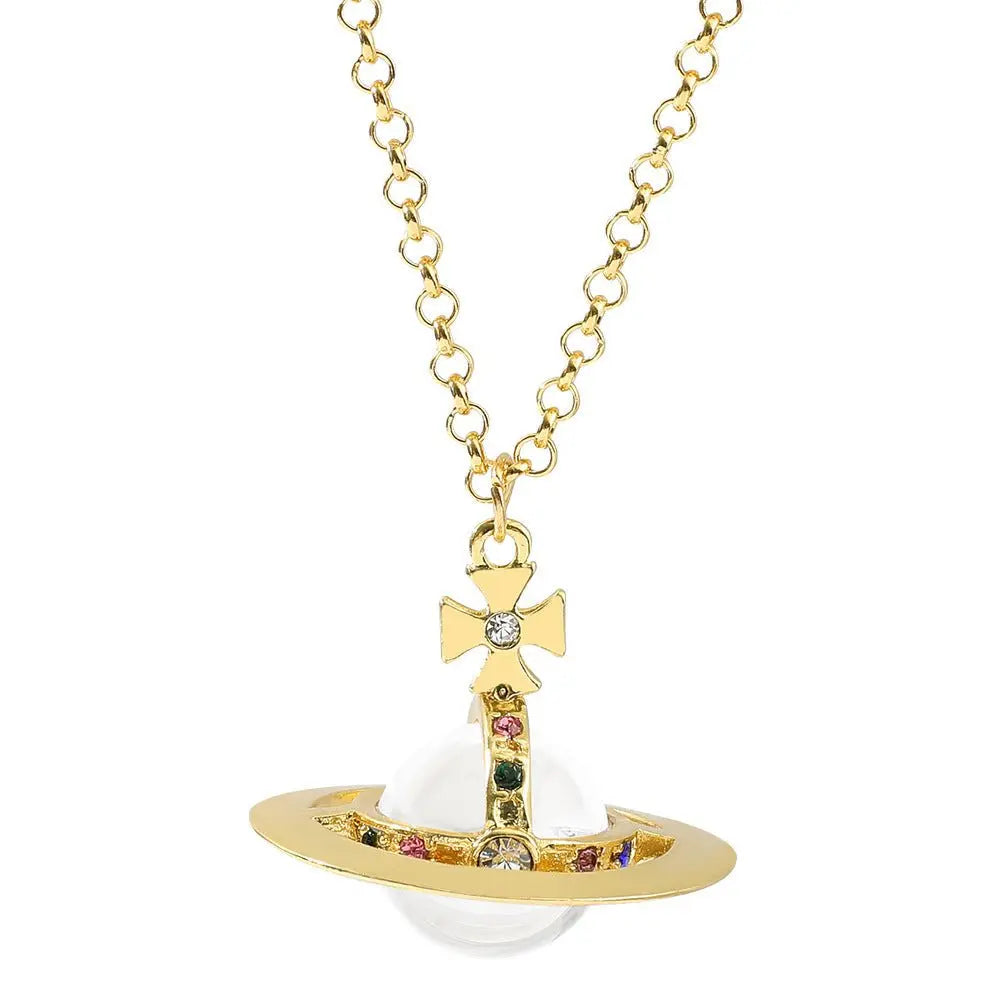 Saturn necklace, teardrop colored diamond earrings, Saturn earrings - Blade & Thread