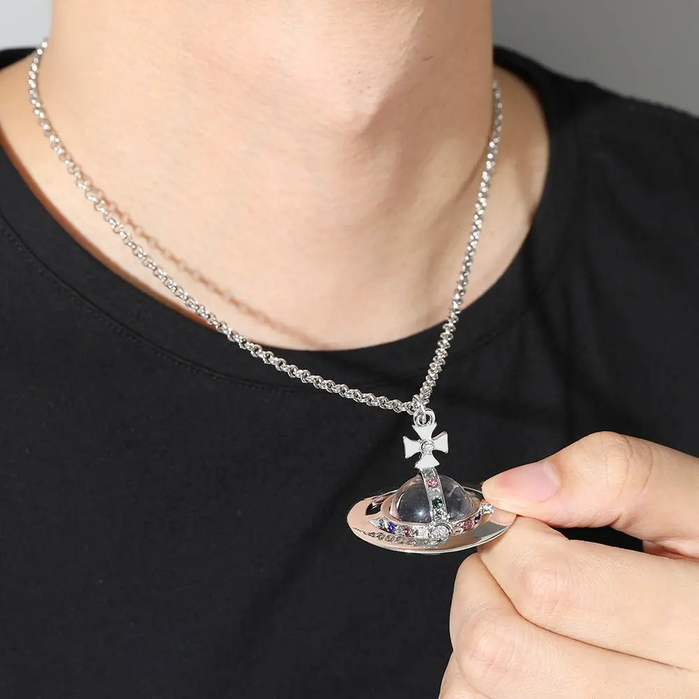 Saturn necklace, teardrop colored diamond earrings, Saturn earrings - Blade & Thread