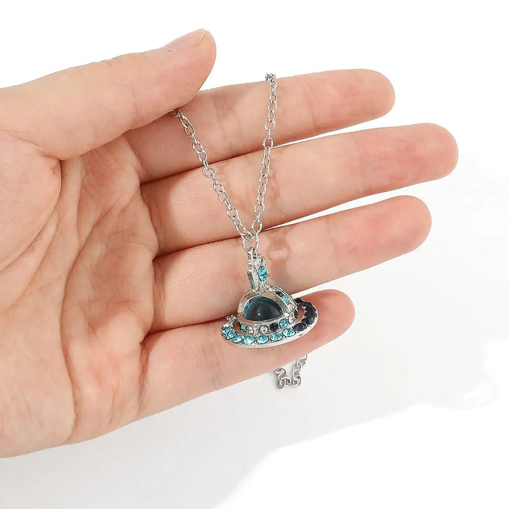 Saturn necklace, teardrop colored diamond earrings, Saturn earrings - Blade & Thread