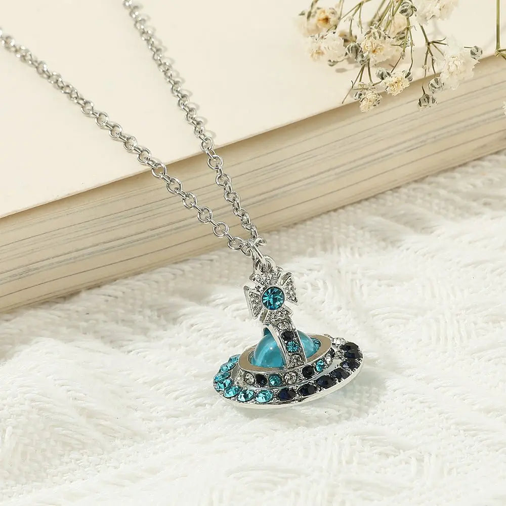 Saturn necklace, teardrop colored diamond earrings, Saturn earrings - Blade & Thread