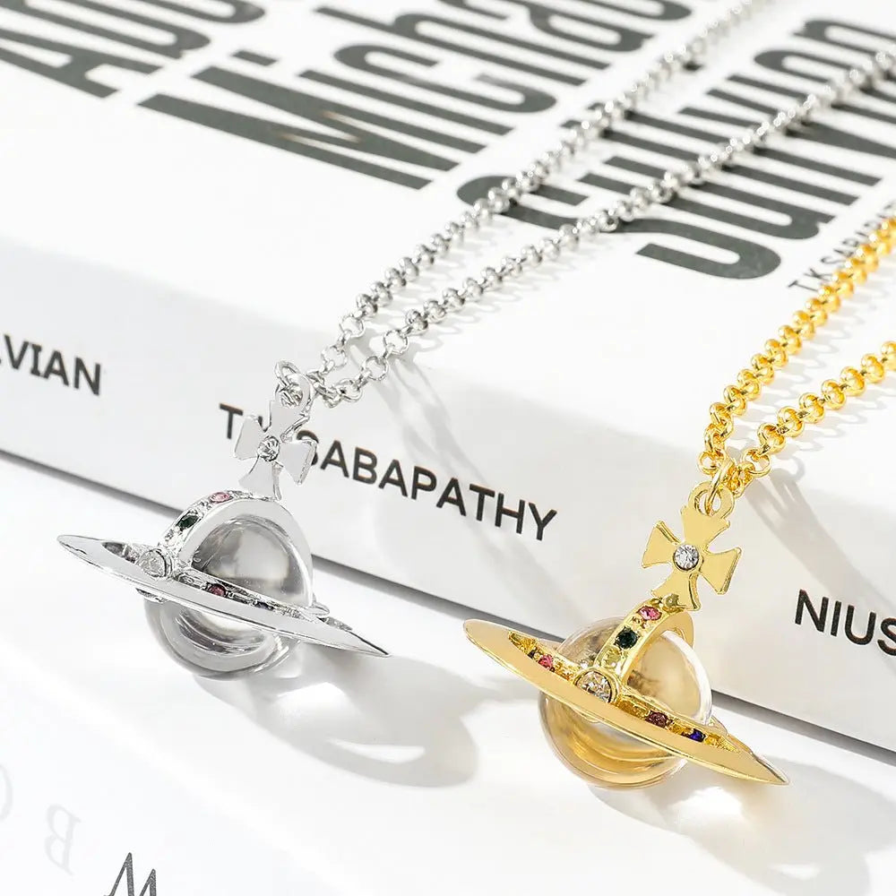 Saturn necklace, teardrop colored diamond earrings, Saturn earrings - Blade & Thread