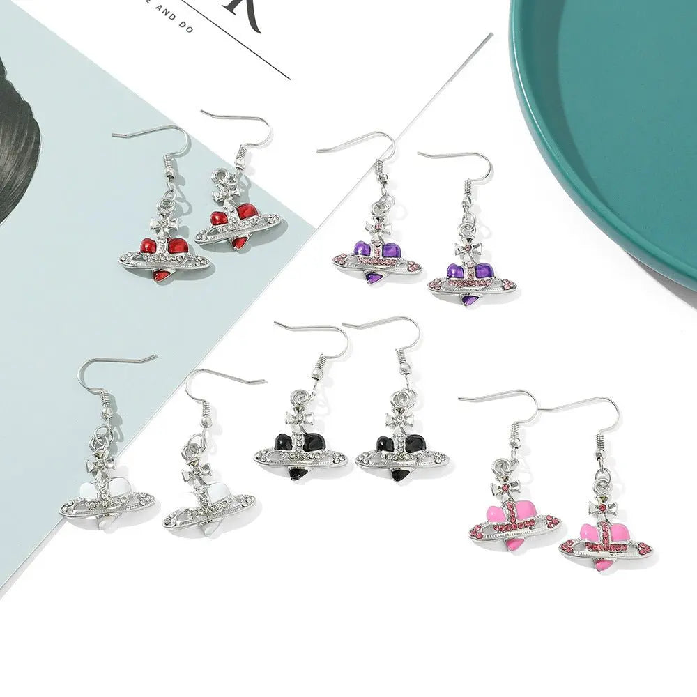 Saturn necklace, teardrop colored diamond earrings, Saturn earrings - Blade & Thread