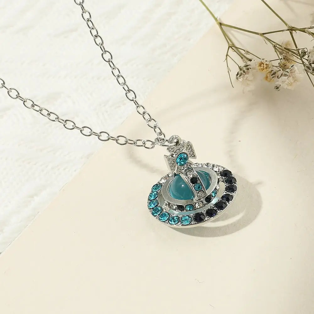 Saturn necklace, teardrop colored diamond earrings, Saturn earrings - Blade & Thread