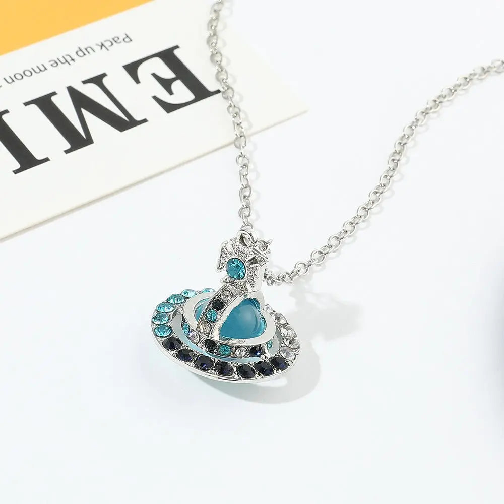 Saturn necklace, teardrop colored diamond earrings, Saturn earrings - Blade & Thread