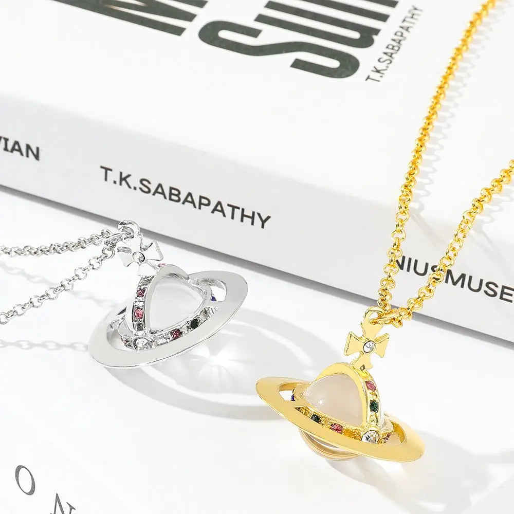 Saturn necklace, teardrop colored diamond earrings, Saturn earrings - Blade & Thread