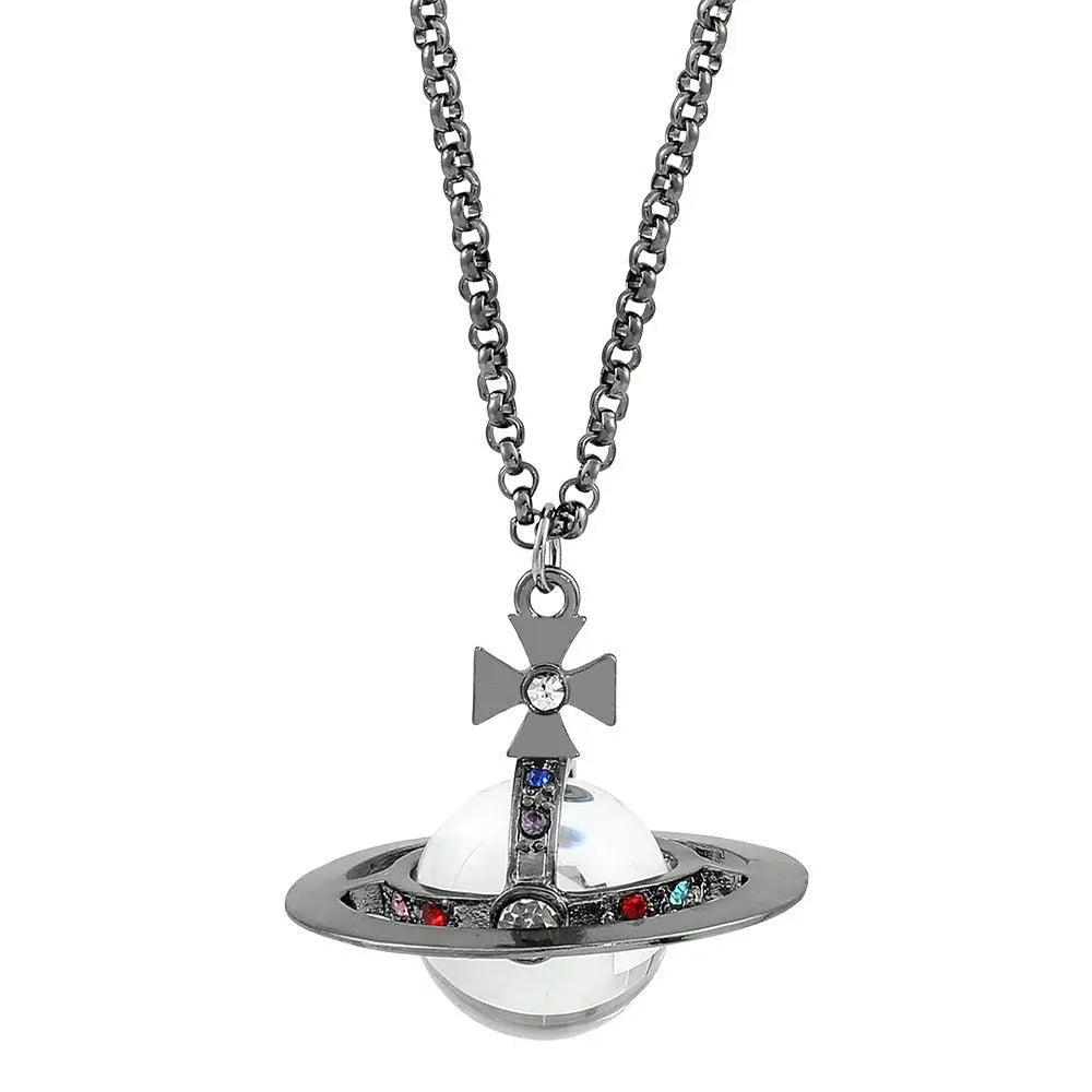 Saturn necklace, teardrop colored diamond earrings, Saturn earrings - Blade & Thread