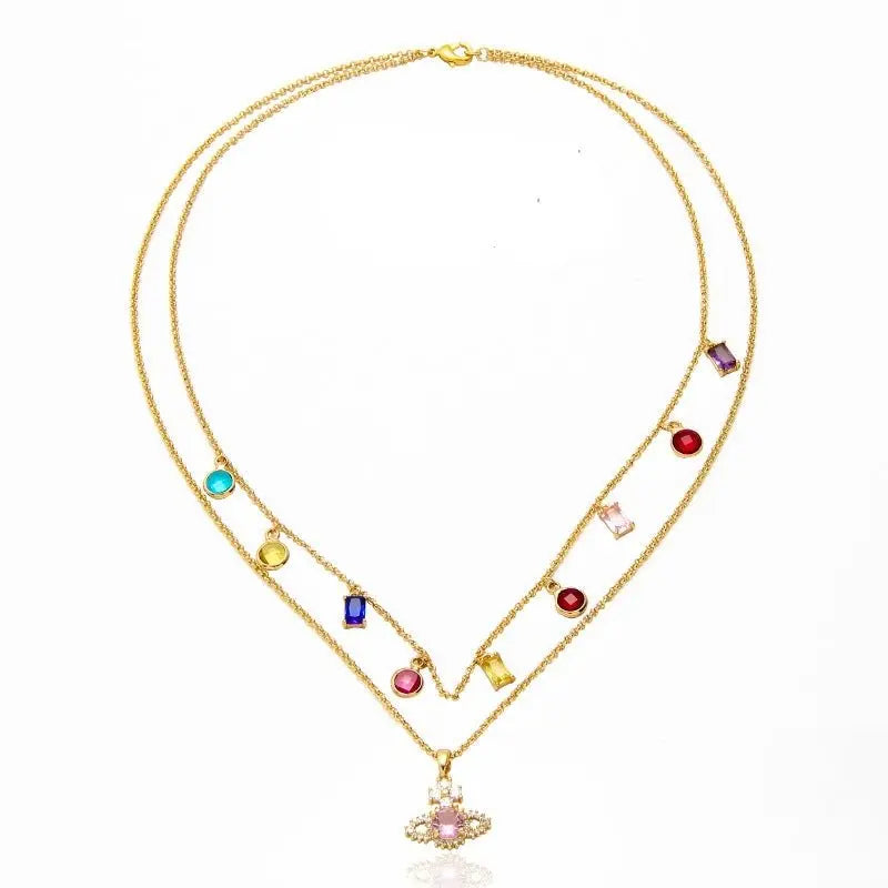 Saturn Pendant Necklace Double Gemstone Inlaid Necklace - Blade & Thread