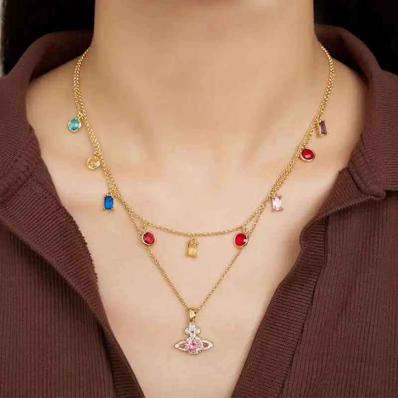 Saturn Pendant Necklace Double Gemstone Inlaid Necklace - Blade & Thread
