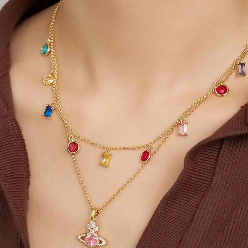 Saturn Pendant Necklace Double Gemstone Inlaid Necklace - Blade & Thread