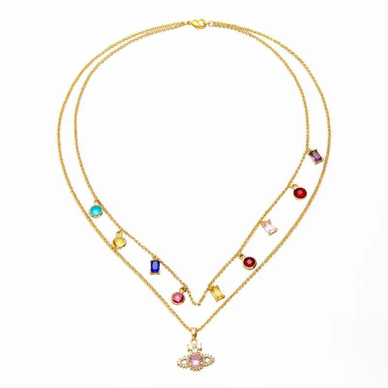 Saturn Pendant Necklace Double Gemstone Inlaid Necklace - Blade & Thread