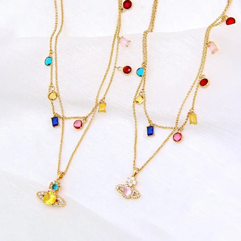 Saturn Pendant Necklace Double Gemstone Inlaid Necklace - Blade & Thread