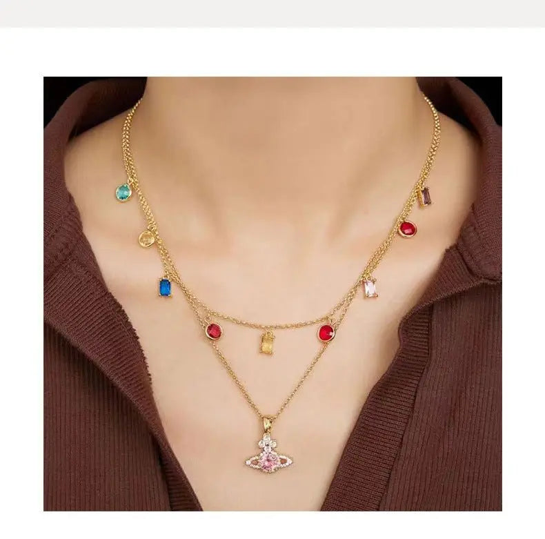Saturn Pendant Necklace Double Gemstone Inlaid Necklace - Blade & Thread