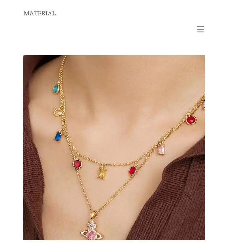 Saturn Pendant Necklace Double Gemstone Inlaid Necklace - Blade & Thread