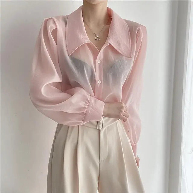 See Through Button Down Shirts Women New Loose Long Sleeve Blouse Female 2022 Summer Suncreen Tops - Blade & Thread
