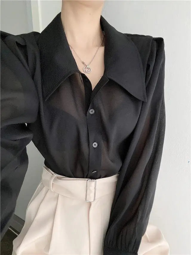 See Through Button Down Shirts Women New Loose Long Sleeve Blouse Female 2022 Summer Suncreen Tops - Blade & Thread
