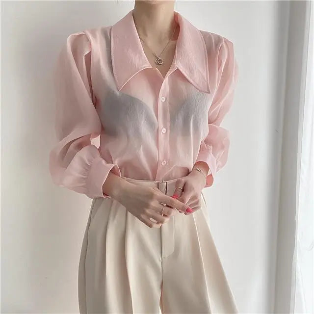 See Through Button Down Shirts Women New Loose Long Sleeve Blouse Female 2022 Summer Suncreen Tops - Blade & Thread