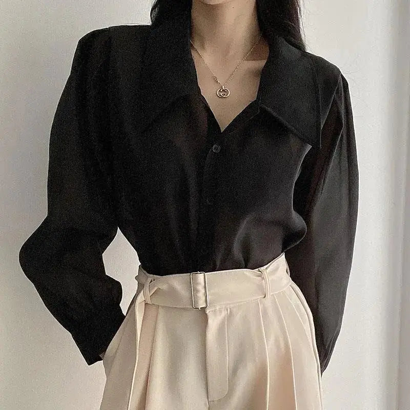 See Through Button Down Shirts Women New Loose Long Sleeve Blouse Female 2022 Summer Suncreen Tops - Blade & Thread