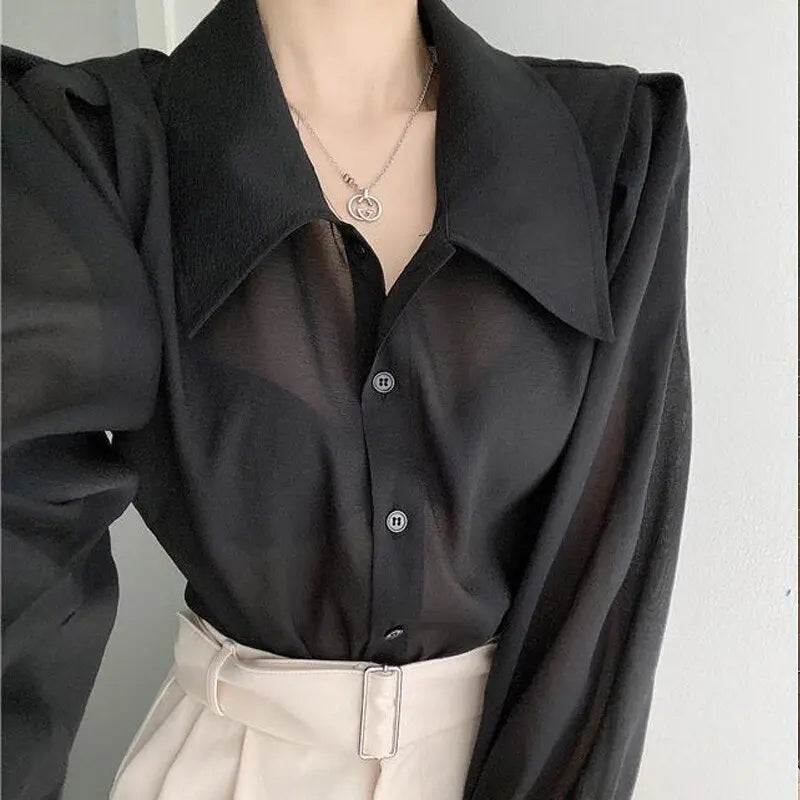 See Through Button Down Shirts Women New Loose Long Sleeve Blouse Female 2022 Summer Suncreen Tops - Blade & Thread