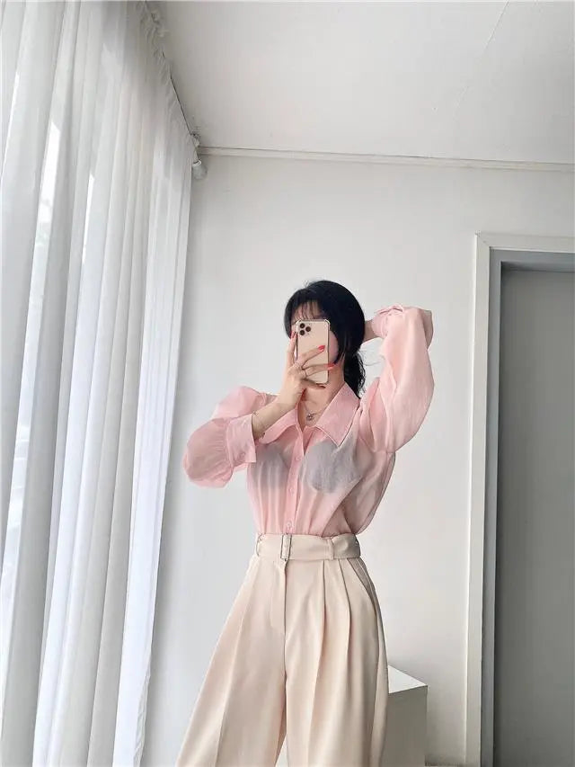 See Through Button Down Shirts Women New Loose Long Sleeve Blouse Female 2022 Summer Suncreen Tops - Blade & Thread