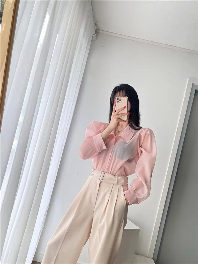 See Through Button Down Shirts Women New Loose Long Sleeve Blouse Female 2022 Summer Suncreen Tops - Blade & Thread