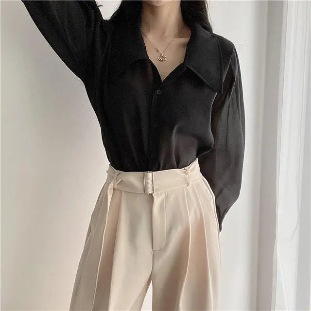 See Through Button Down Shirts Women New Loose Long Sleeve Blouse Female 2022 Summer Suncreen Tops - Blade & Thread