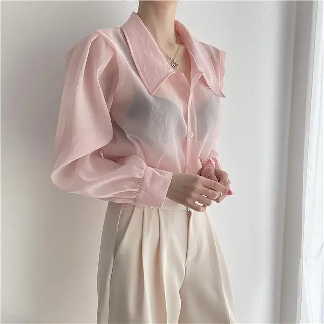 See Through Button Down Shirts Women New Loose Long Sleeve Blouse Female 2022 Summer Suncreen Tops - Blade & Thread